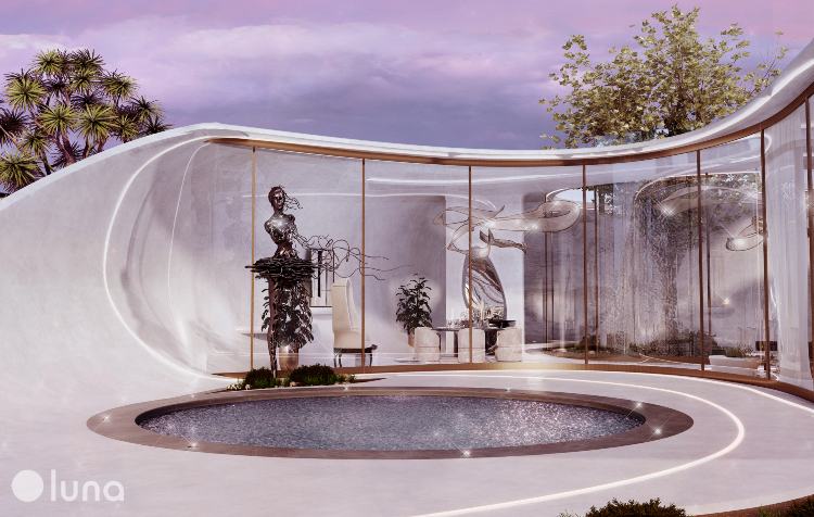 Dvorište opremljeno u minimalističkom luksuznom stilu sa velikim bazenom i skulpturom